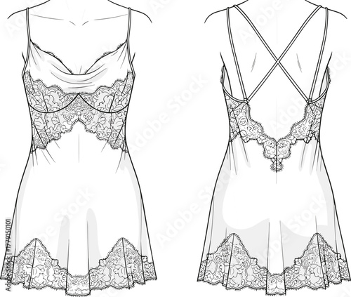 Elegant lace lingerie slip dress design with crisscross back straps and floral lace trim, women’s fashion sketch