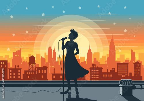 Silhouette of a woman singing into a microphone on a rooftop.
