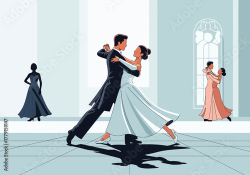 Couple dancing elegantly in a ballroom with other dancers.