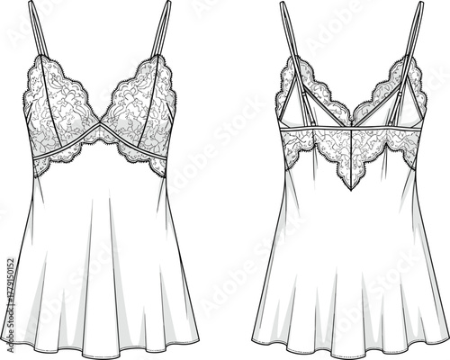 Elegant lace satin slip dress front and back view illustration, luxury lingerie fashion flat template for apparel design