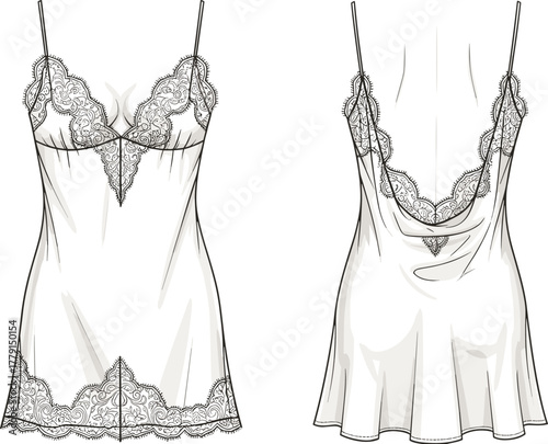 Elegant satin lace chemise front and back view illustration, luxury lingerie fashion flat template for apparel design presentation