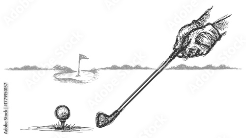 Golfer about hitting a golf ball off a tee, hand-drawn sketch illustration vector