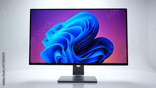Modern Computer Monitor Displaying Vibrant Windows 11 Wallpaper on White Background.