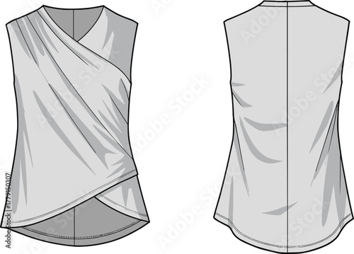 Elegant sleeveless draped light grey blouse with wrap front, soft pleats, modern women’s top fashion design illustration