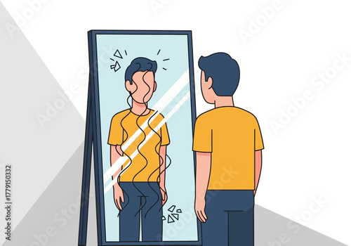 Man looking at distorted reflection in a mirror.