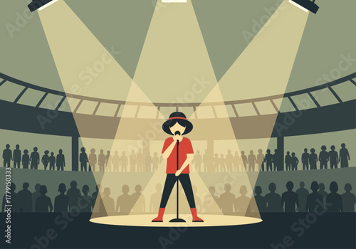 Performer on stage under spotlights with audience in stadium.