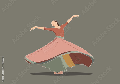 Woman in a flowing dress spinning gracefully with arms outstretched.