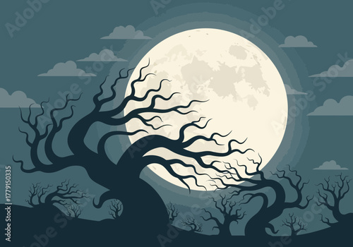 Spooky bare trees silhouetted against a large full moon.