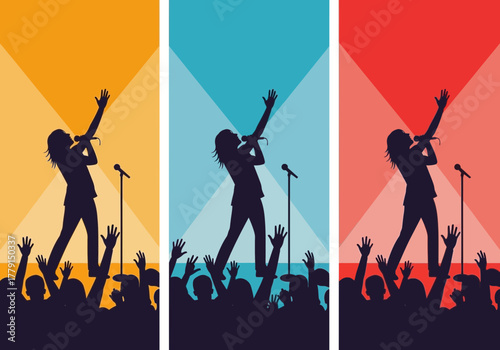 Silhouetted singer performs on stage with spotlights and cheering crowd.