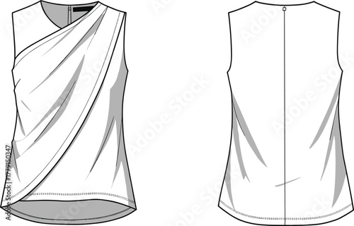 Elegant sleeveless draped white blouse with soft pleats, modern women’s wrap top design front and back fashion illustration