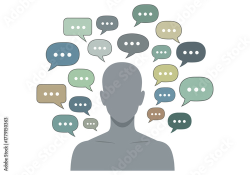 Silhouette of a person surrounded by many speech bubbles.