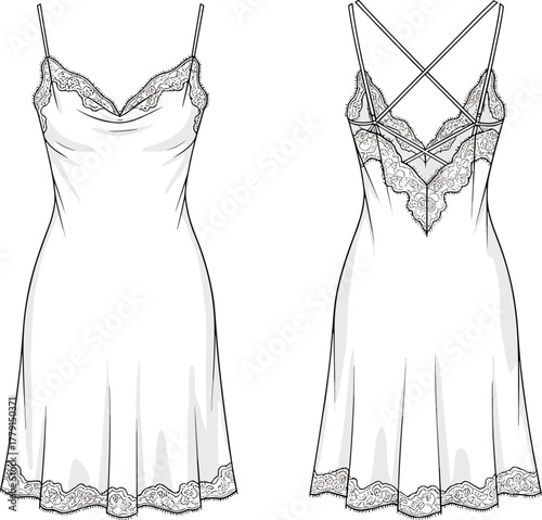 Elegant white lace slip dress front and back view, stylish lingerie nightwear fashion flat sketch vector illustration design