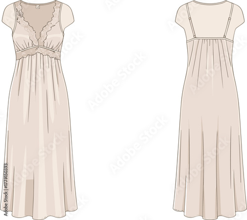 Elegant women long lace nightgown flat sketch front and back view satin sleepwear dress fashion design illustration