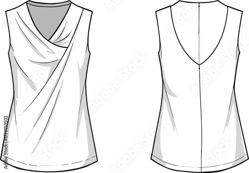 Women sleeveless draped blouse fashion flat sketch front and back view technical drawing elegant summer top design