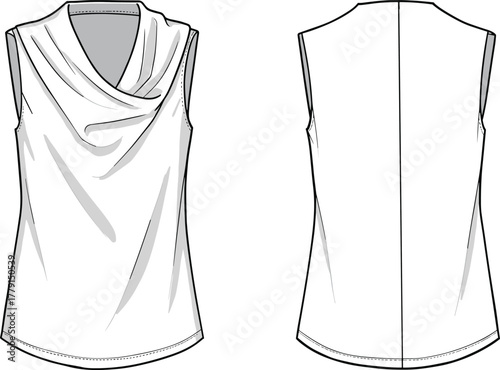Women sleeveless draped cowl neck blouse flat sketch front and back view elegant summer top fashion design illustration