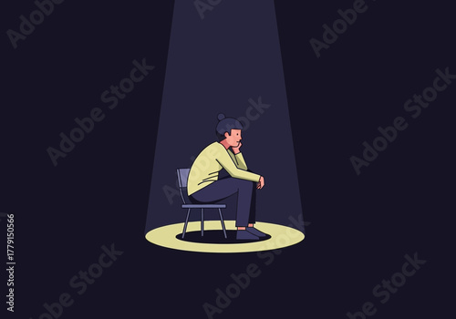 Person sitting in a spotlight, looking thoughtful.