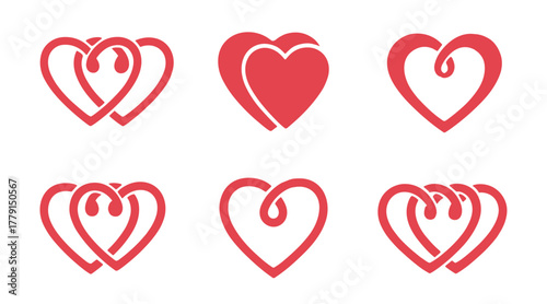 Intertwined heart symbols expressing connection and affection. Smooth red lines form modern romantic icons. Ideal for love themes and celebration project