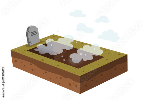 A grave with a headstone and dirt mounds, suggesting a burial.