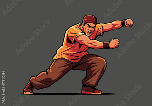 Man in martial arts stance, punching forward with determined expression.