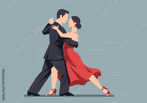Couple dancing tango in formal attire, woman in red dress.
