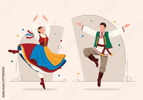 Couple in traditional folk costumes dancing with festive elements.