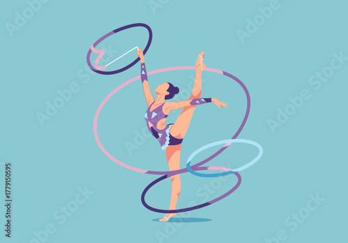 Gymnast performs with multiple hoops in a graceful dance pose.