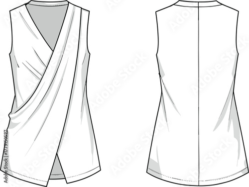 Women sleeveless draped wrap blouse flat fashion sketch front and back view technical illustration elegant summer top design