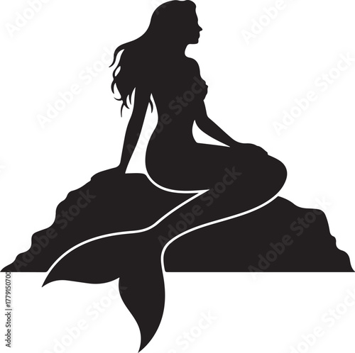 Silhouette of a mythical mermaid sitting on a rock