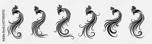 Decorative phoenix birds with flowing tails and elegant curves. Stylized line shapes express grace and renewal. Perfect for ornate tattoos and artistic projects