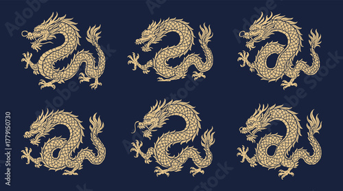 Golden oriental dragons with detailed scales on dark background. Majestic myth creatures symbolize prosperity and power. Ideal for traditional or fantasy artwork