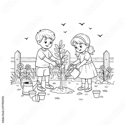 Cartoon illustration of children, a boy and a woman, drawing on the floor and a blackboard with a funny, humorous, and business-like theme