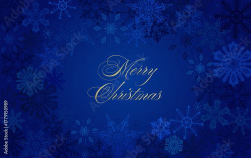 Merry Christmas greeting on deep blue background. Snowflake border frame. Gold on blue calligraphy text. Winter holiday luxury template. Night sky backdrop for banner, greeting card, packaging design.
