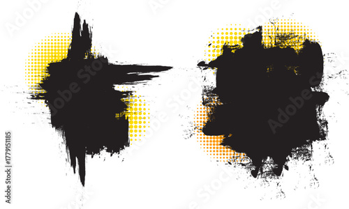 black brush painting banner with halftone yellow orange grunge graphic element abstract background