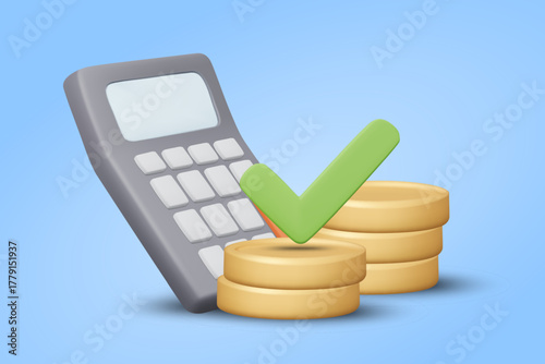 3D illustration vector render of calculator icon, silver coin and green check mark. Budget management concept, expense checking, financial accuracy for accounting, planning, reporting, app.