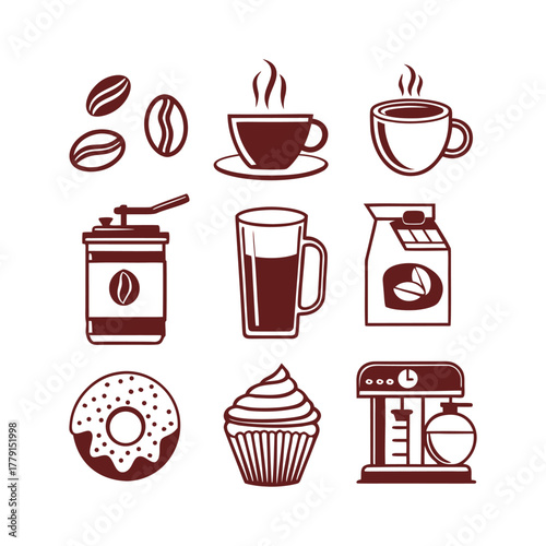 Collection of coffee related items and pastries isolated on white background