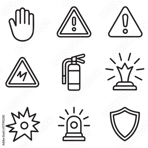 Safety and Fire Warning Line Icon Set | Danger, Alert, Stop Hand, Fire Extinguisher, Shield Vector