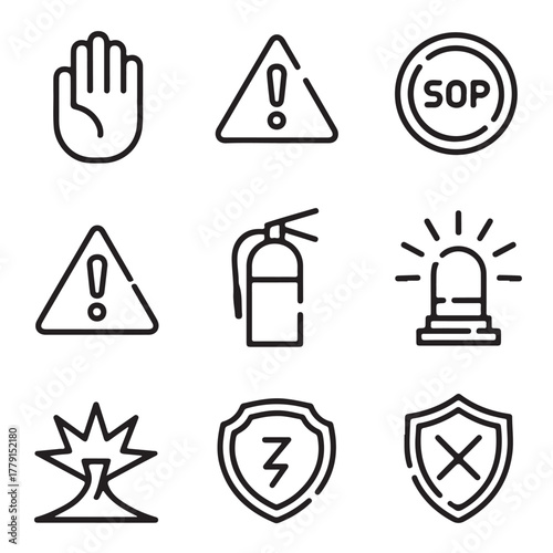 Industrial Safety and Stop Sign Icons | Fire, Alert, Siren, Shield, and Caution Line Vector