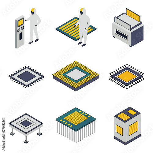 Isometric view of semiconductor manufacturing process with workers and microchips in a cleanroom setting