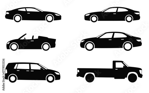 Set of six diverse car silhouettes vector illustrations for transportation graphics vector
