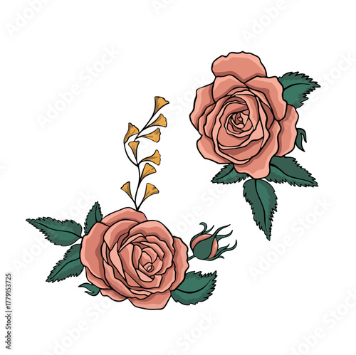 Two decorative tea roses for decoration vector