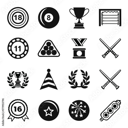 Collection of diverse black and white icons including sports awards and celebratory elements displayed neatly
