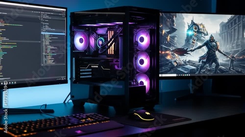 High-End Gaming PC Build Showcase with Customizable RGB Lighting and Dual Monitor Setup