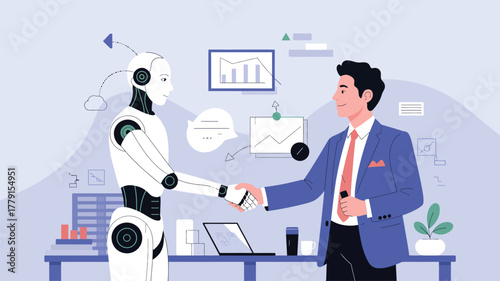 Robot and human shaking hands symbolizing future business technology partnership and collaboration vector