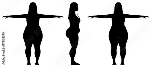 A plus-size woman with long hair and shorts stands in three silhouetted poses against a white background. Her arms are outstretched in a powerful display. Front, side, back view