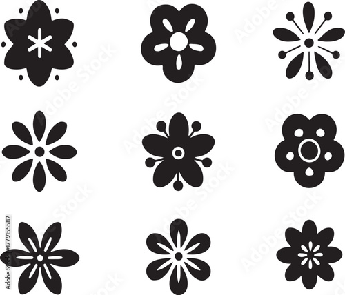Collection of simple abstract floral designs in black and white