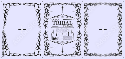 Neo tribal frame borders for poster design. Spiked Y2K ornament collection with sharp symmetrical outlines and flame-inspired tribal shapes. Vector collection