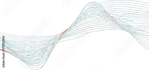 Abstract flowing wave of thin, delicate lines in light blue and red on a clean white background.