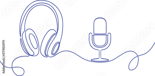 Modern line art illustration of headphones and microphone for podcast recording