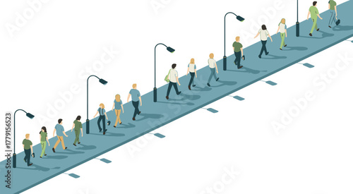 Isometric illustration of people walking on city sidewalk under street lamps, urban lifestyle concept showing daily commute and pedestrian activity