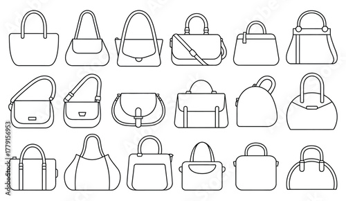 Collection of black and white line art illustrations of various fashion handbags for vector eps vector
